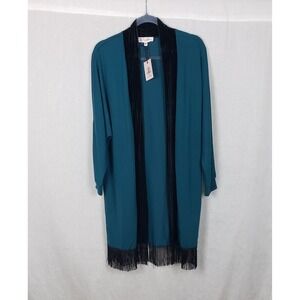 Jorge Perez Teal Green Velvet Trim Fringe Open Front Cardigan Festive Holiday